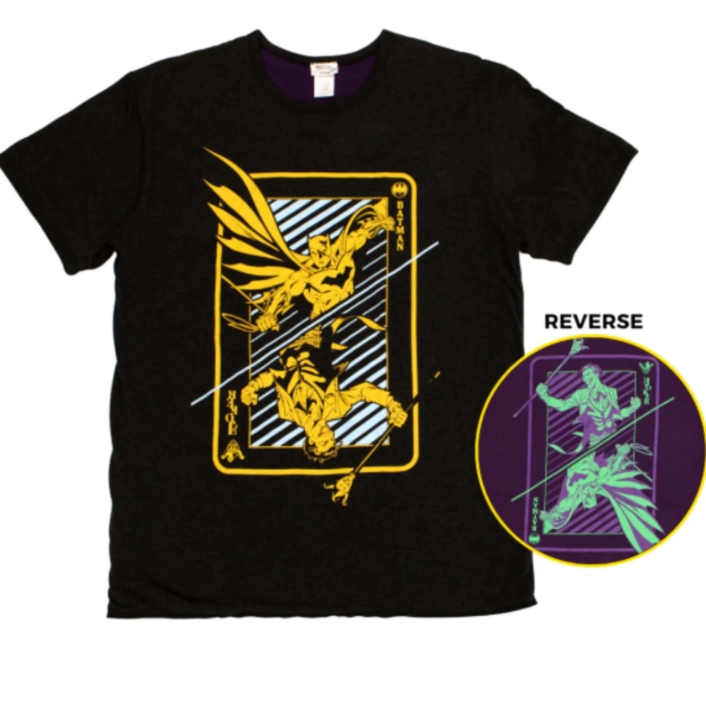 DC Batman Joker Reversible Dark Grey Purple T-shirt Large Playing Card Comics